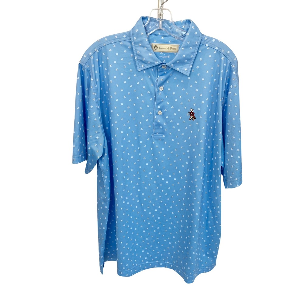 Donald Ross Pinehurst Golf Polo Shirt Mens Large Blue Geometric Golf Club Print